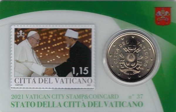 50 cent Vatikán 2021 oficiálna karta so známkou No. 37 (BU)