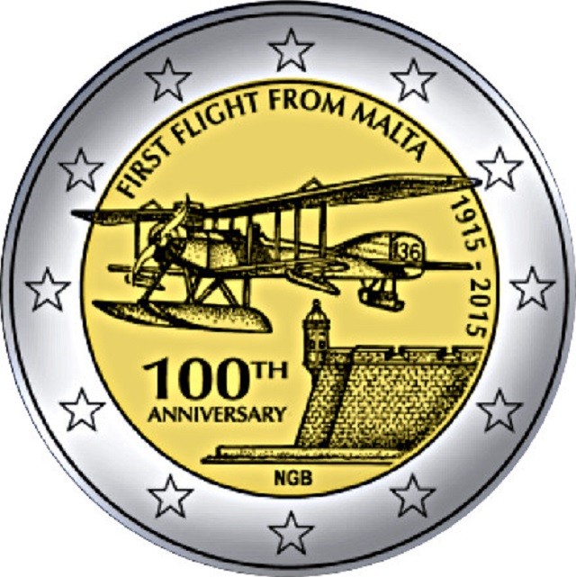 2 Euro Malta 2015 so značkou holandskej mincovne - Prvý let (BU karta)