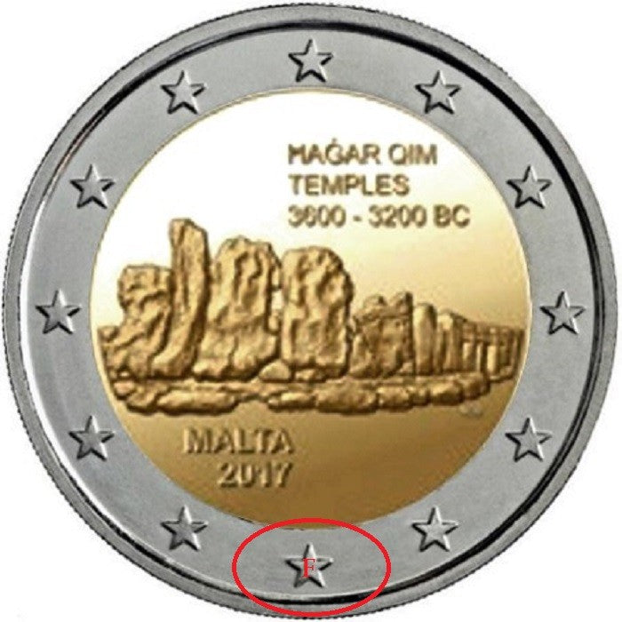 2 Euro Malta 2017 Hagar Qim - značka "F" (UNC)