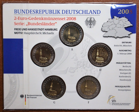 2 Euro Nemecko 2008 - Hamburg: kostol sv. Michala (BU karta)