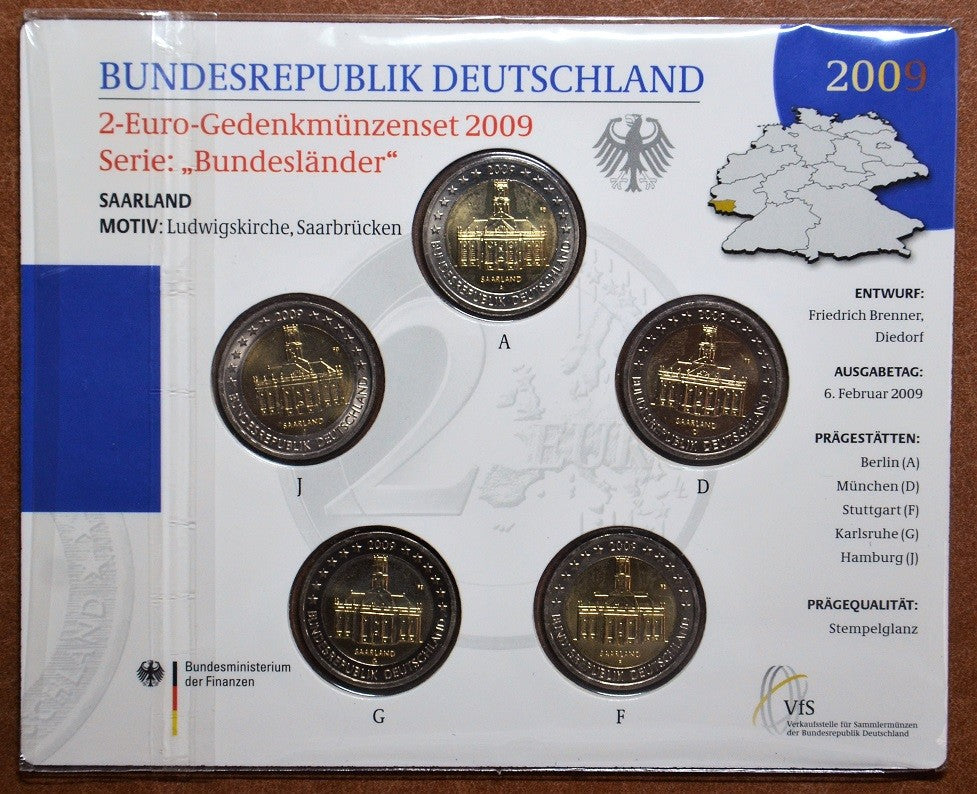 2 Euro Nemecko 2009 - Sársko: Kostol Ludwigskirche (BU karta)