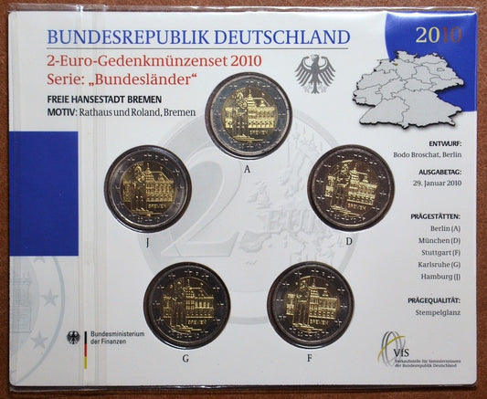 2 Euro Nemecko 2010 - Bremen: Brémska radnica s Rolandovou sochou (BU karta)
