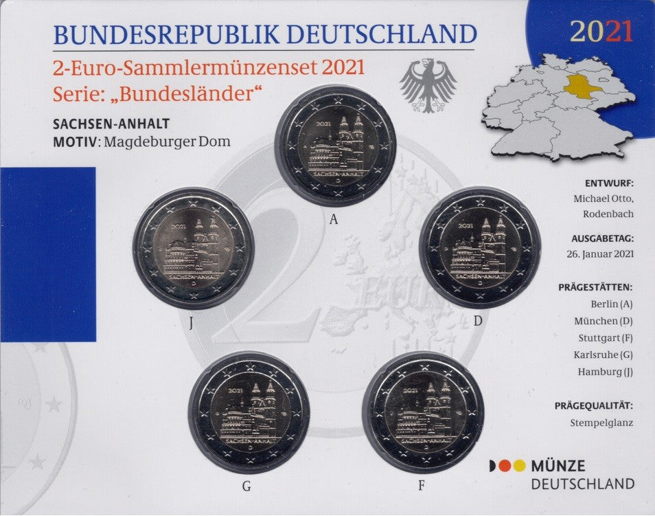 2 Euro Nemecko "ADFGJ" 2021 - Sachsen-Anhalt (BU)